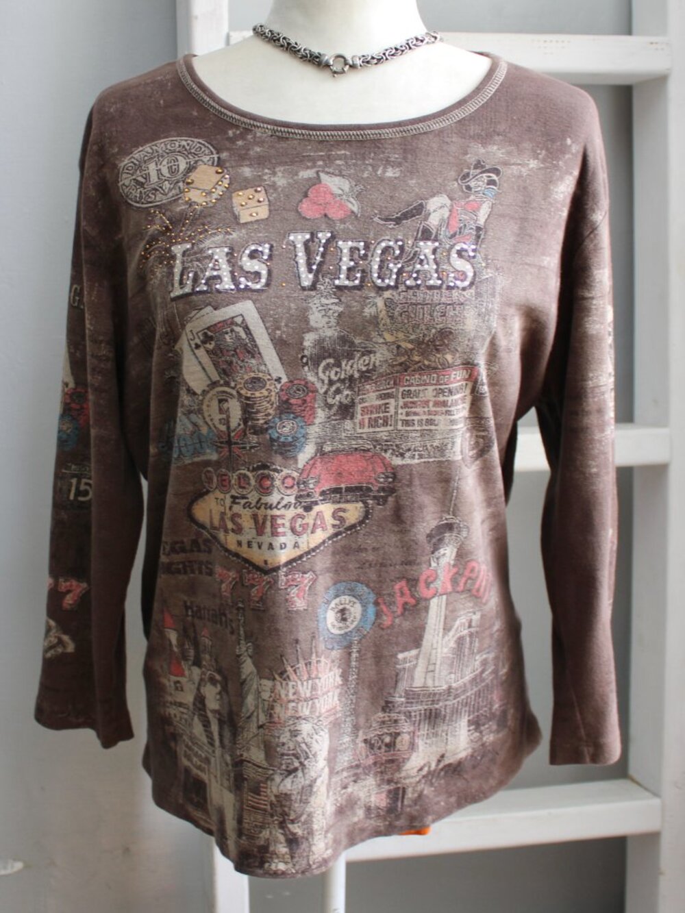 Cactus Fashion VTG Y2K Las Vegas Embellished Brown Multi 3/4 Sleeve Top Size 1X